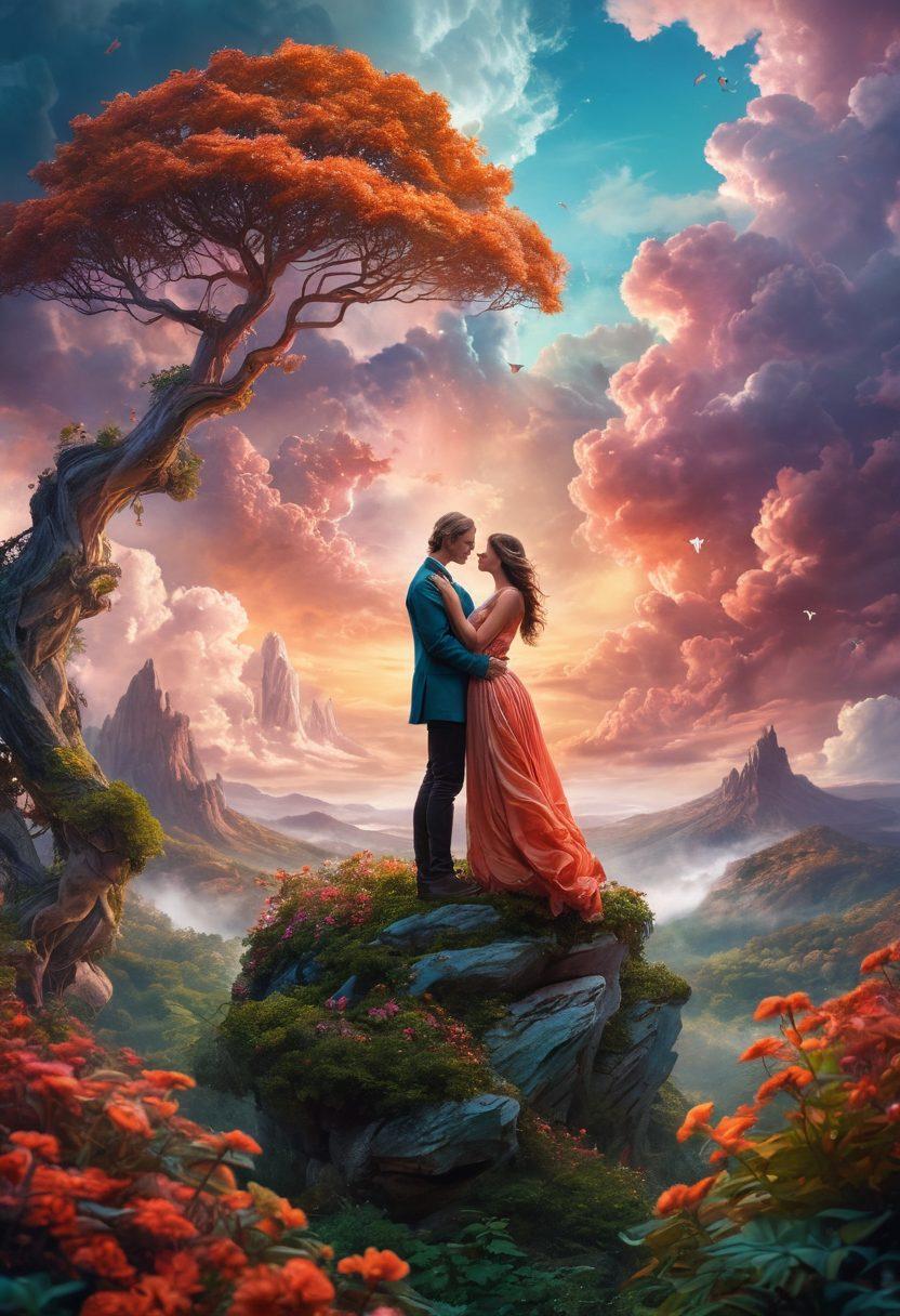 A dreamy landscape blending fantastical elements inspired by Steven Erikson's worlds, featuring an ethereal couple intertwined in a passionate embrace against a backdrop of swirling clouds and vibrant flora. Evoke a sense of adventure and romance with soft glows and magical creatures subtly hidden in the foliage. Capture the essence of love and exploration in an imaginative setting. surrealism. vibrant colors. fantasy art.