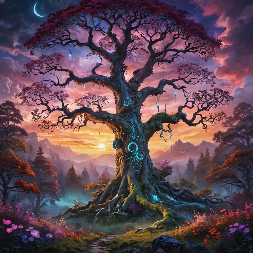 A mystical landscape depicting an enchanted forest with ancient trees, glowing runes on their bark, and a dramatic twilight sky filled with swirling clouds. Include two protagonists sharing a heartfelt moment, surrounded by ethereal creatures and vibrant flowers symbolizing love and affection. The scene should evoke deep emotion and passion, capturing the essence of epic fantasy. vivid colors. painterly style.