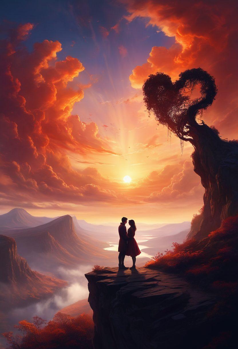 A dramatic scene depicting two characters, deeply in love, standing on the edge of a cliff overlooking a vast fantasy landscape. The sky is ablaze with a sunset that reflects their emotions, and elements like a heart-shaped cloud and intertwined vines symbolize their passion and devotion. Include detailed expressions on their faces showing longing and strength. surrealistic style. vibrant colors. epic fantasy backdrop.